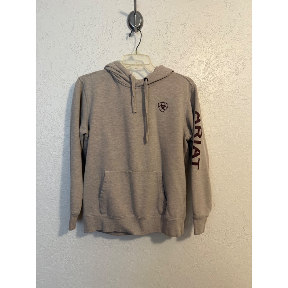 Ariat ReAL Womens Small Hoodie Oatmeal Tan Maroon Logo Graphic Pullover CA45953